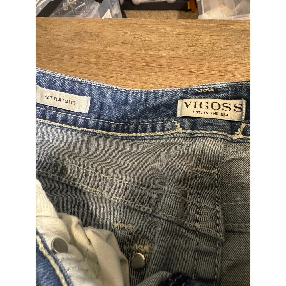 Vigoss Straight Leg Distressed Jeans Blue Medium Wash Embroidered Pockets Size 8